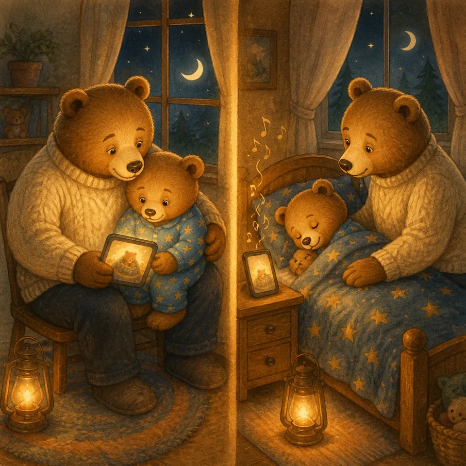A parent bear reading a bedtime story aloud from a phone, and the same story playing as gentle narration while the bear cub falls asleep